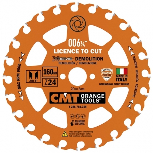 CMT Xtreme körfűrészlap bontási munkához D=160x2,3; d=20; Z=24